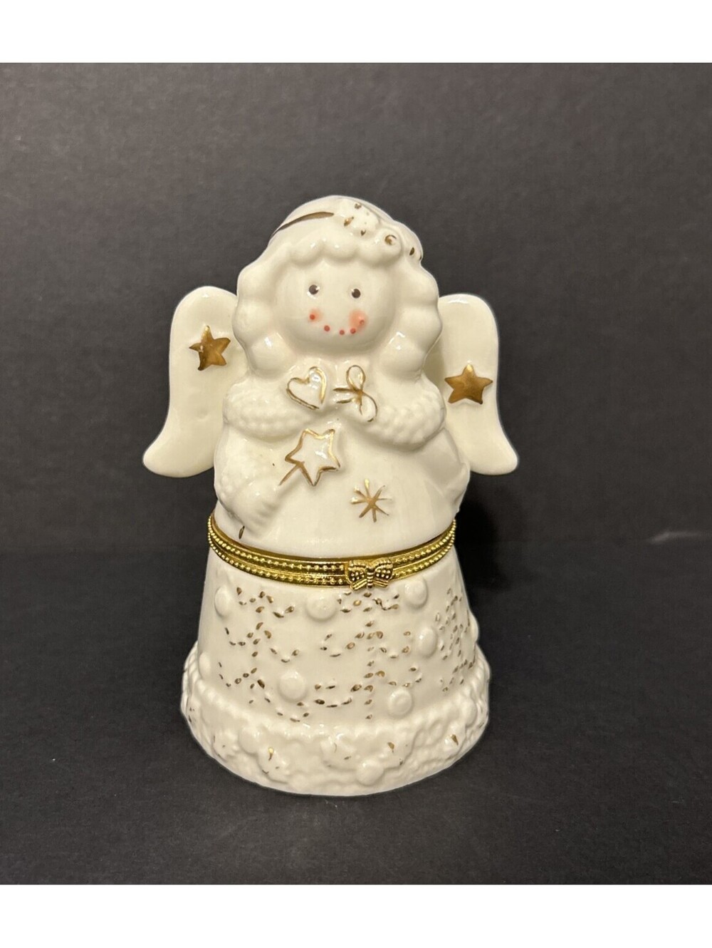 Angel Trinket Box Jar Porcelain Ivory Color with Gold Trim Hinged Opening